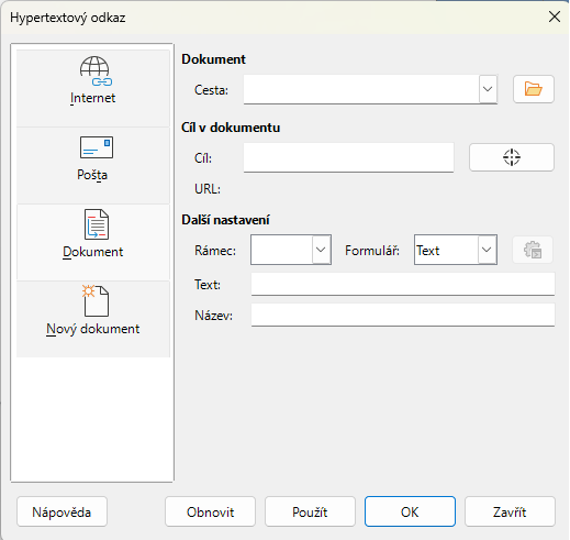 Dialogové okno Hypertextový odkaz – stránka Dokument