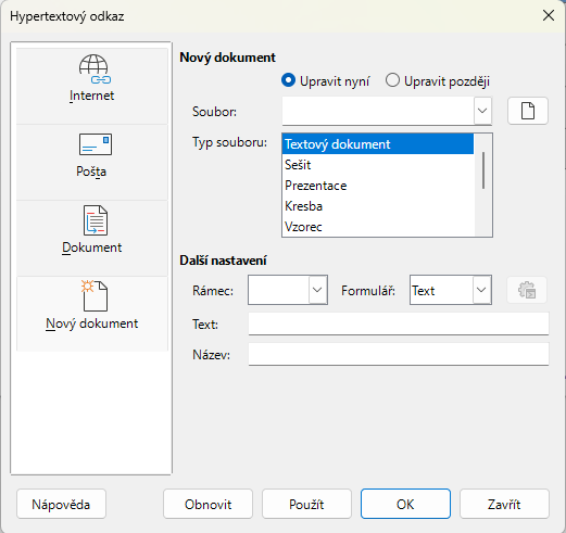 Dialogové okno Hypertextový odkaz – stránka Nový dokument