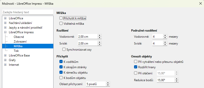 Dialogové okno Možnosti v aplikaci LibreOffice Impress – stránka Mřížka