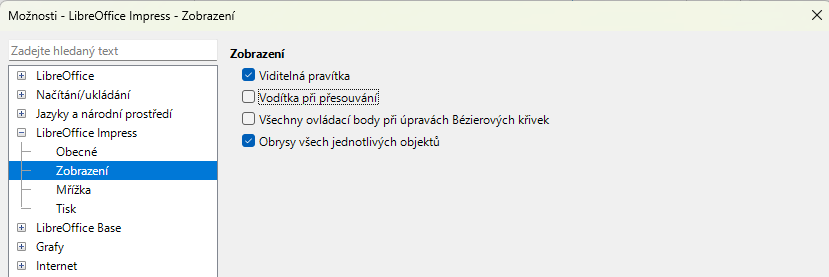 Dialogové okno Možnosti LibreOffice Impress – Zobrazit stránku
