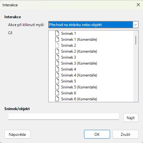 Dialogové okno Interakce