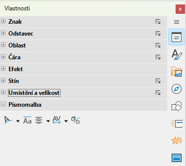 Panel Písmomalba na kartě Vlastnosti v postranní liště