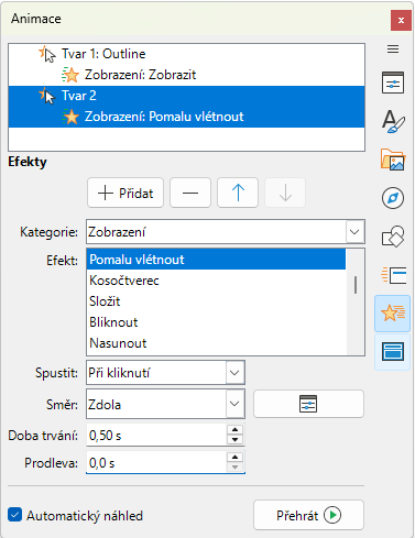 Karta Animace na postranní liště