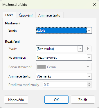 Dialogové okno Možnosti efektu – karta Efekt