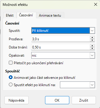Dialogové okno Možnosti efektů – stránka Časování