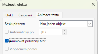 Dialogové okno Možnosti efektů – karta Animace textu