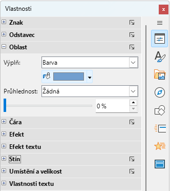 Sekce Oblast na kartě Vlastnosti postranní lišty