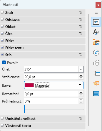 Panel stínů na kartě Vlastnosti v postranní liště