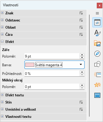 Panel Efekty v části Vlastnosti na postranní liště
