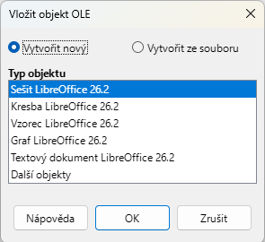 Dialogové okno Vložit objekt OLE – Vytvořit novou stránku