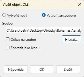 Dialogové okno Vložit objekt OLE – stránka Vytvořit ze souboru