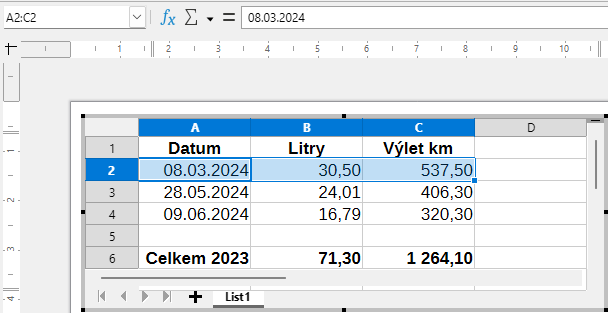 Příklad úprav tabulky OLE v aplikaci Impress