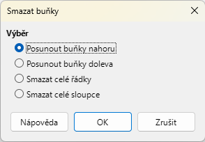 Dialogové okno Odstranit buňky