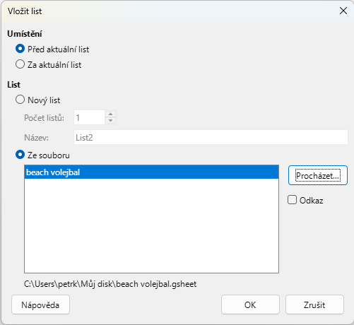 Dialogové okno Vložit list