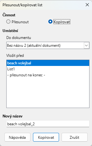 Dialogové okno Přesunout/kopírovat list