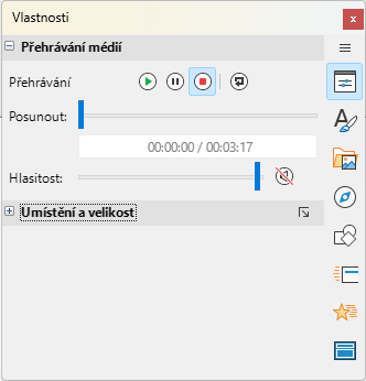 Panel Přehrávání médií v části Vlastnosti na postranní liště