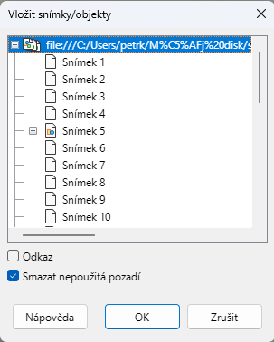 Dialogové okno Vložit snímky/objekty