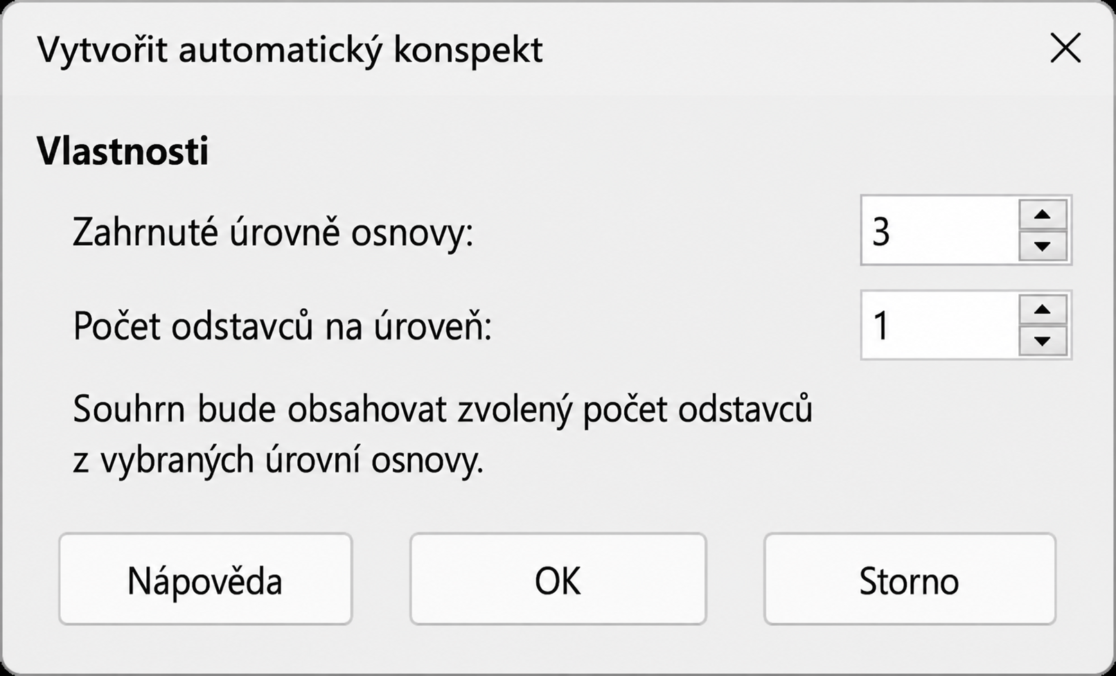 Dialogové okno Vytvořit automatický konspekt