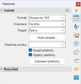 Panel Snímek na kartě Vlastnosti v postranní liště