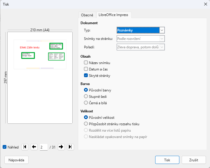 Dialogové okno Tisk – Poznámky k LibreOffice Impress – příklad pro Windows
