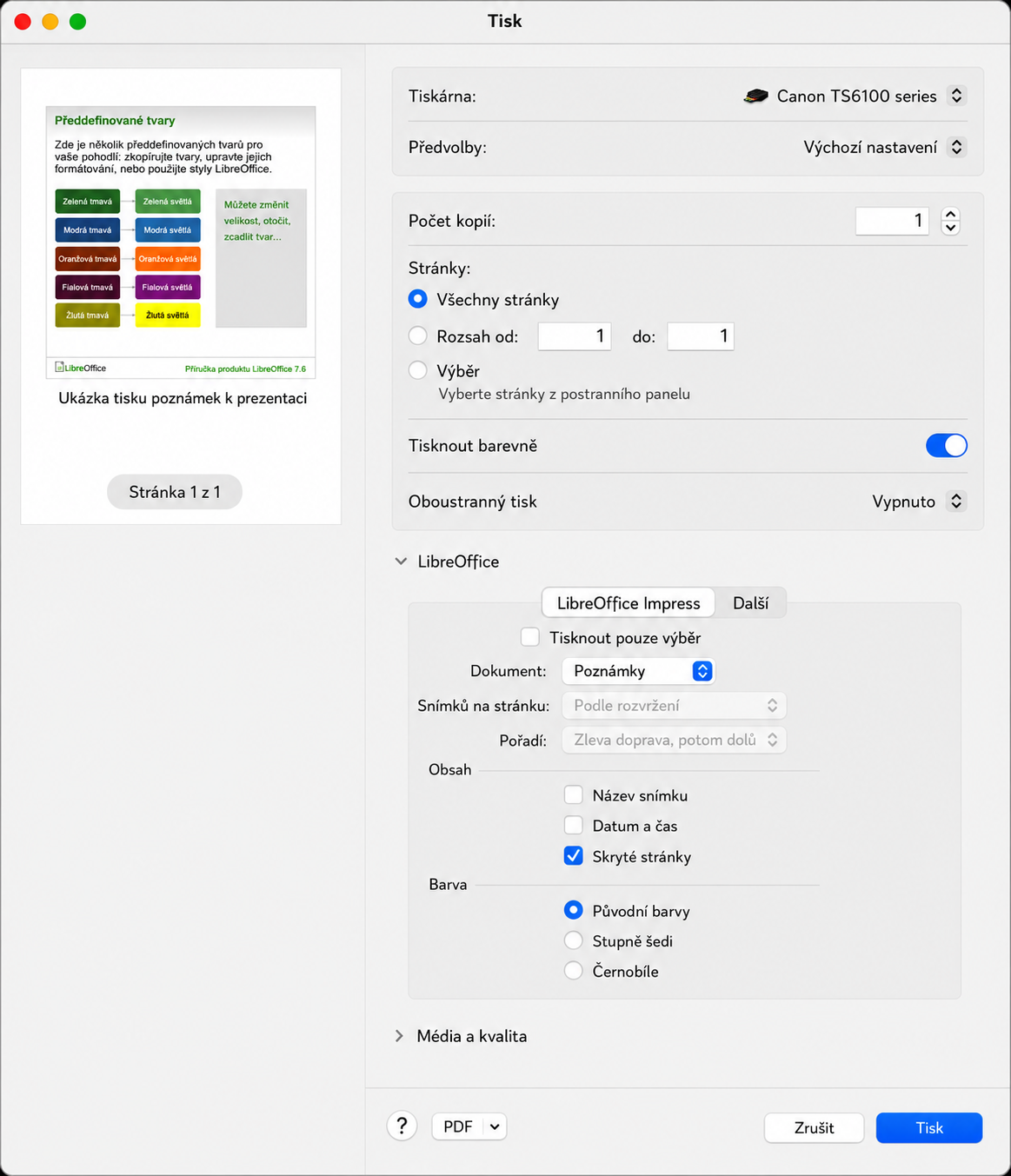 Dialogové okno pro tisk – Poznámky k LibreOffice Impress – příklad pro macOS