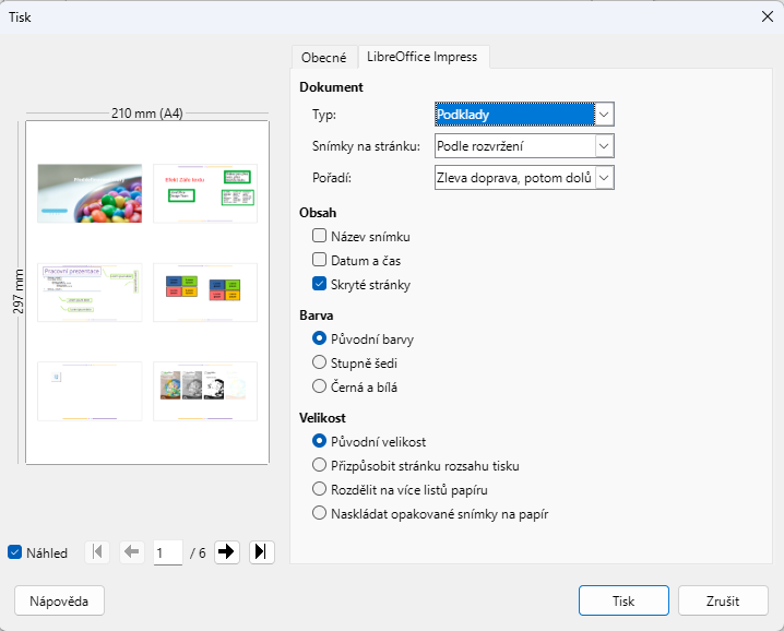 Dialogové okno Tisk – LibreOffice Impress – Stránka s podklady