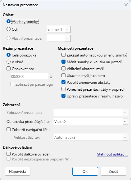 Dialogové okno Nastavení prezentace