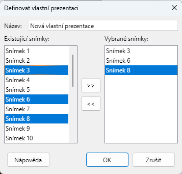 Dialogové okno Definovat vlastní prezentaci