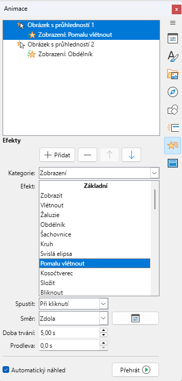 Karta Animace v postranní liště