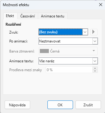 Dialogové okno Možnosti efektu – záložka Efekt