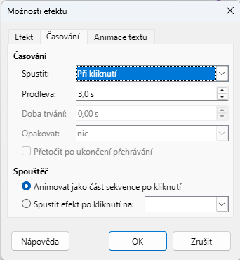 Dialogové okno Možnosti efektu – stránka Časování