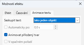 Dialogové okno Možnosti efektu – stránka Animace textu