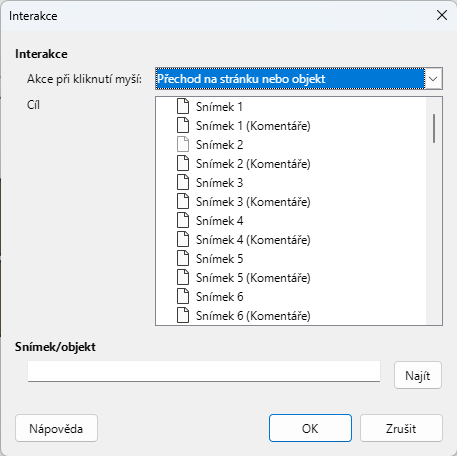 Dialogové okno Interakce