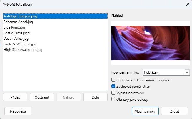 Dialogové okno Vytvořit fotoalbum
