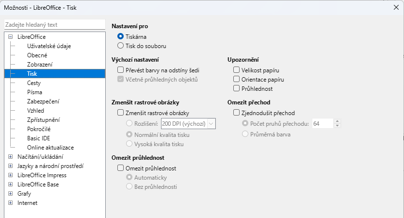 Dialogové okno Možnosti tisku LibreOffice