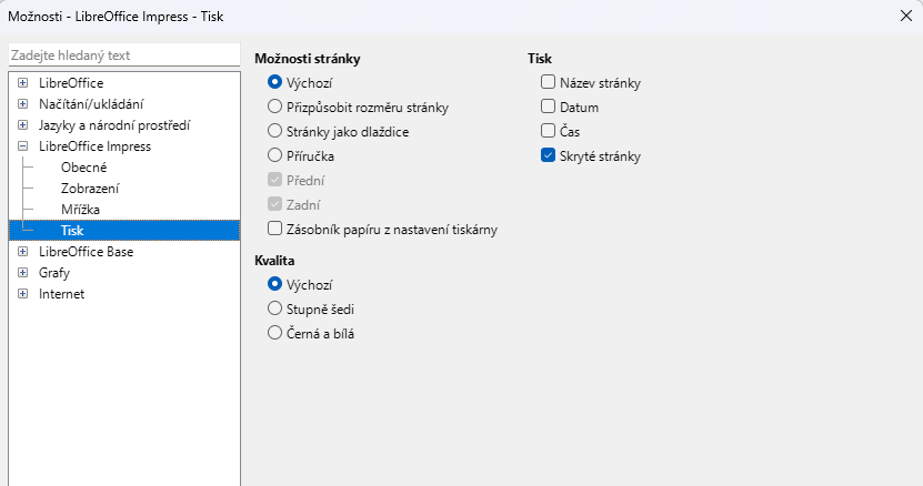 Dialogové okno Tisk v aplikaci LibreOffice Impress