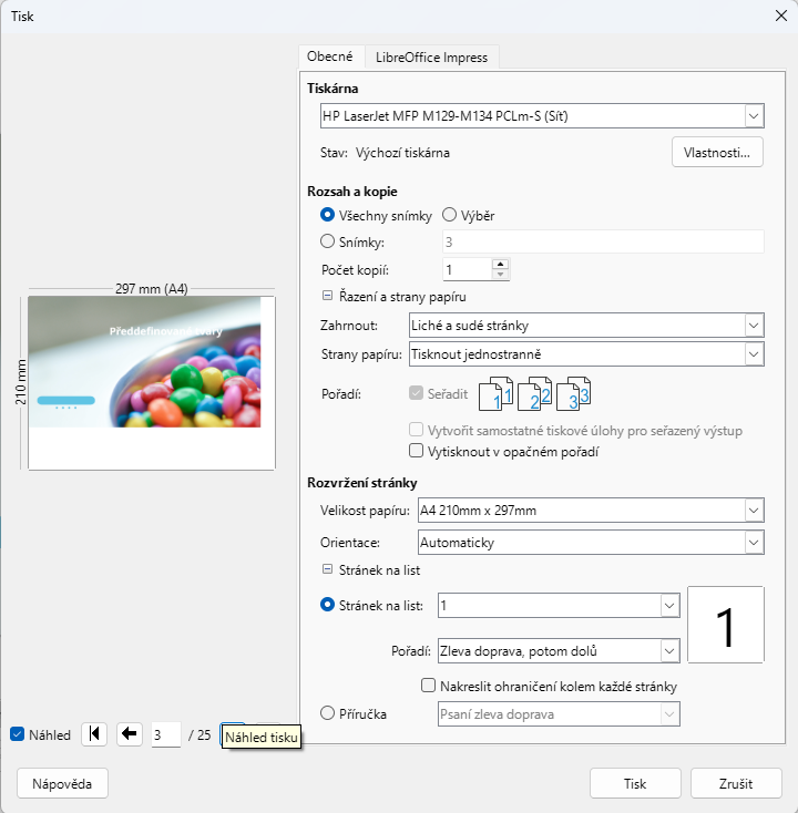Dialogové okno Tisk – Základní nastavení – Windows/Linux