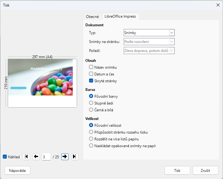 Dialogové okno pro tisk – LibreOffice Impress – Windows/Linux