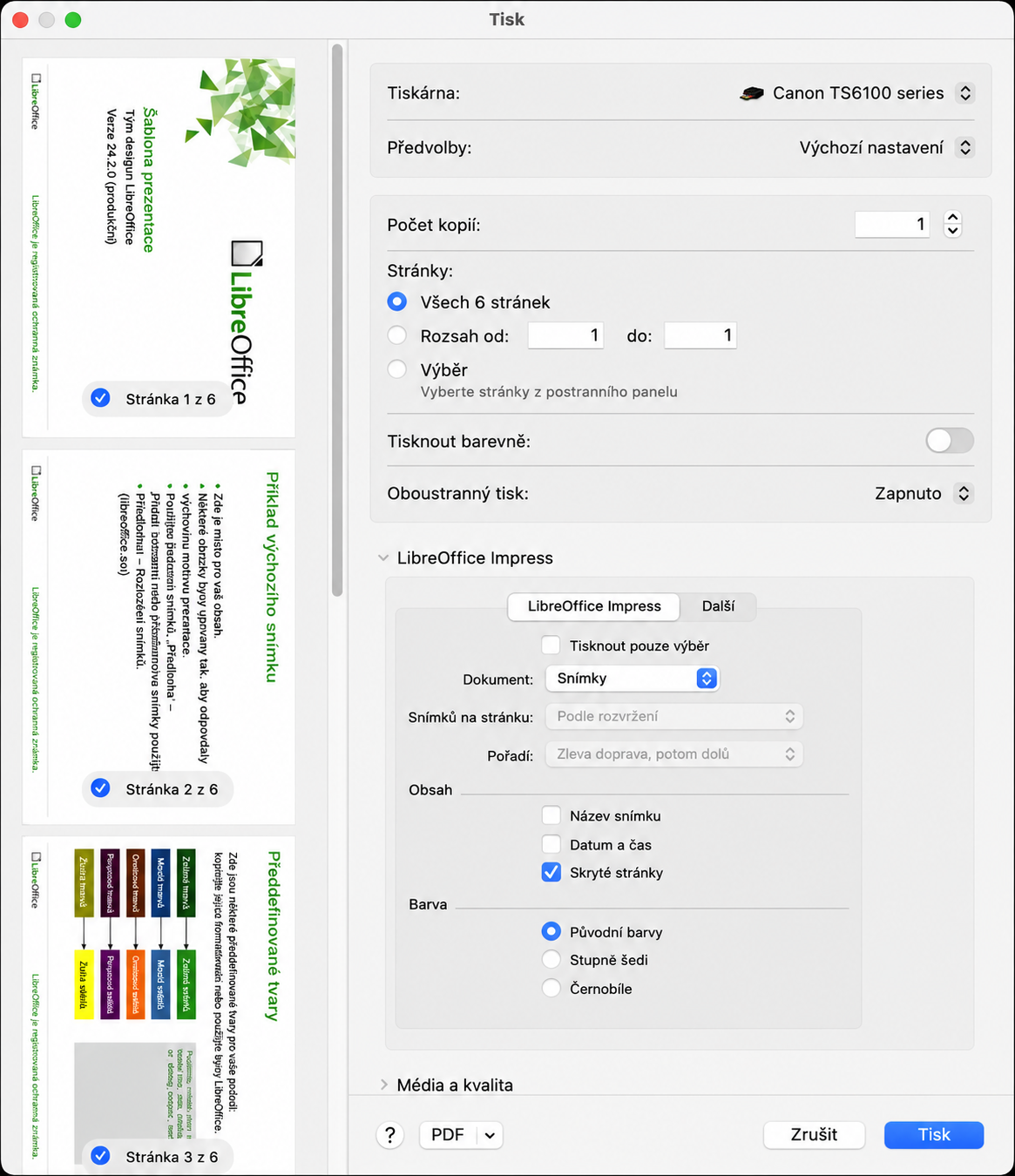 Dialogové okno pro tisk – LibreOffice Impress – macOS
