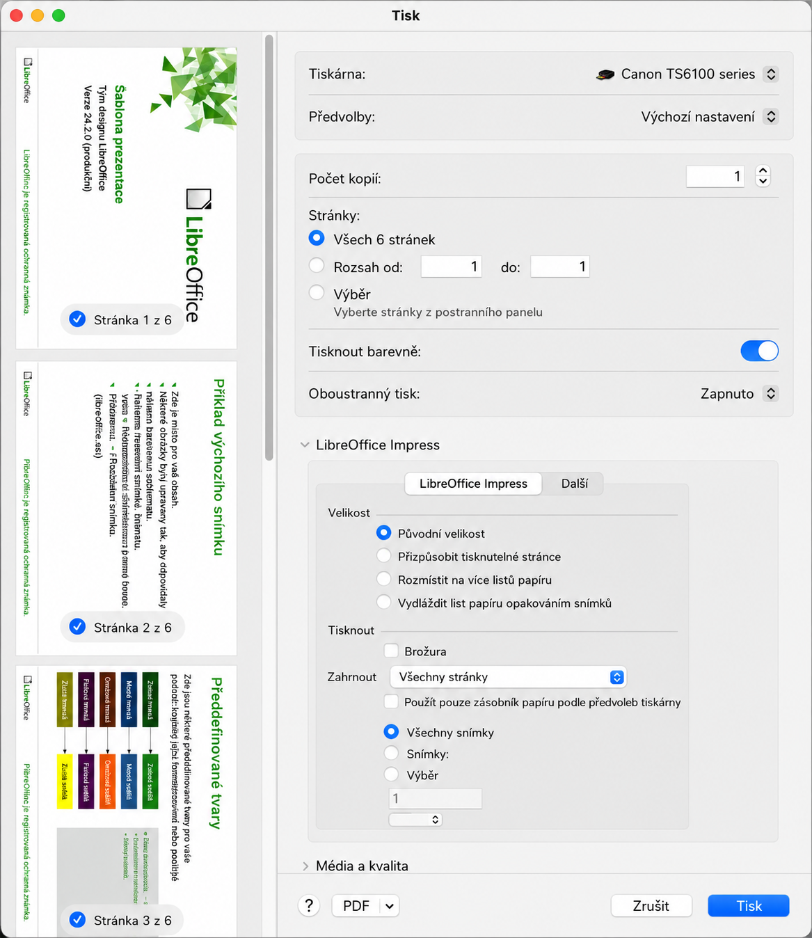 Dialogové okno Tisk – LibreOffice – Další – macOS