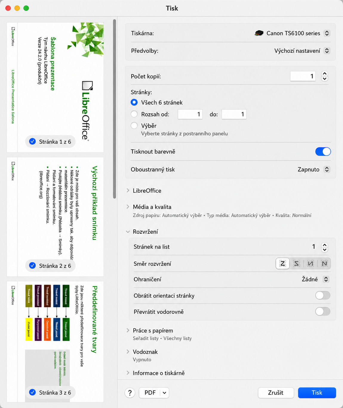 Dialogové okno Tisk – Rozložení – macOS
