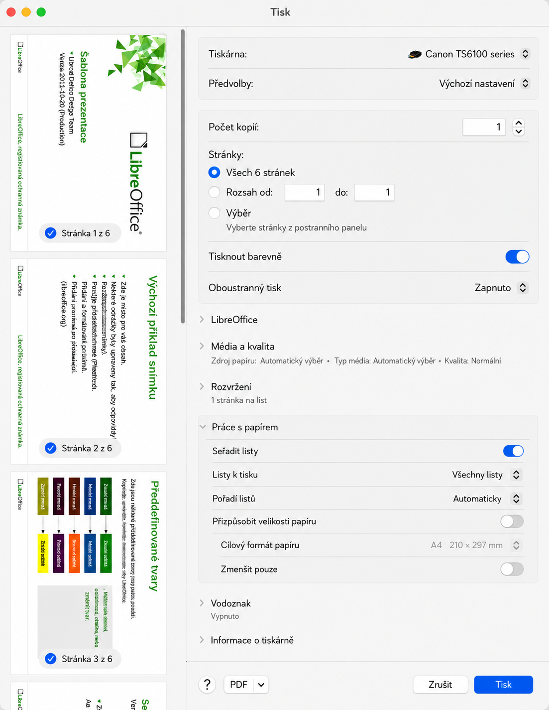 Dialogové okno Tisk – Manipulace s papírem – macOS