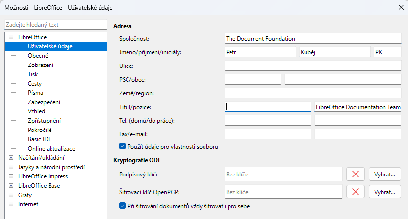 Dialogové okno Možnosti LibreOffice – stránka Uživatelská data