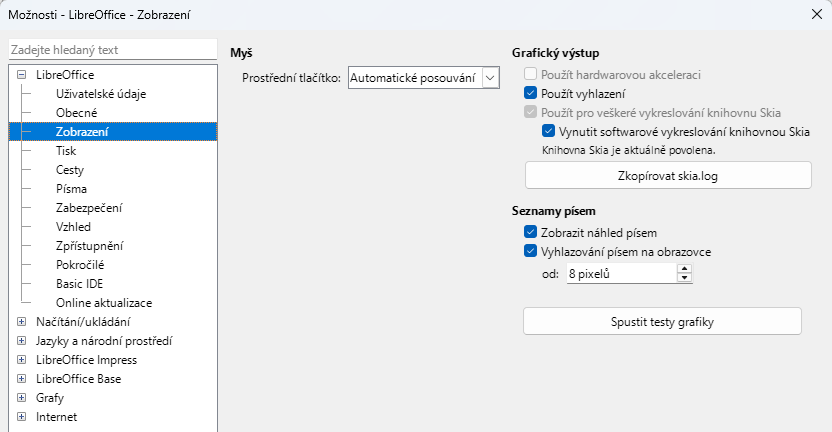 Dialogové okno Možnosti LibreOffice – Stránka Zobrazení