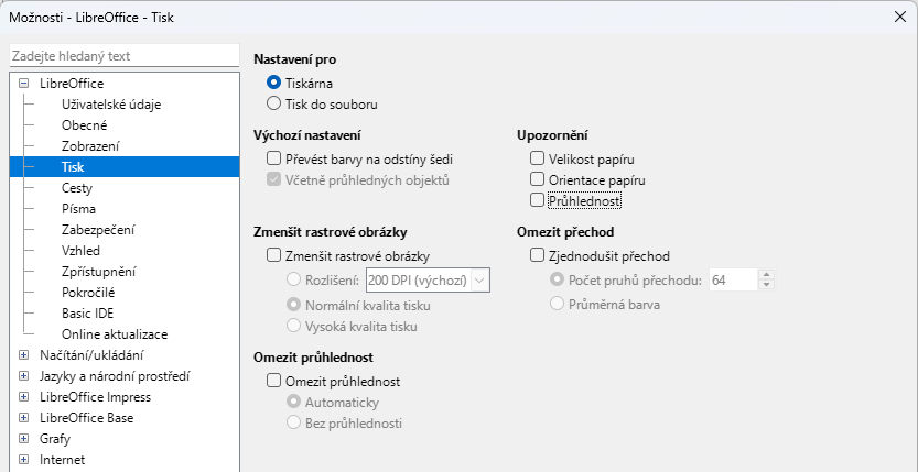 Možnosti dialogu LibreOffice – Tisk stránky