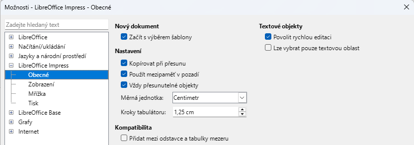 Dialogové okno Možnosti LibreOffice Impress – stránka Obecné