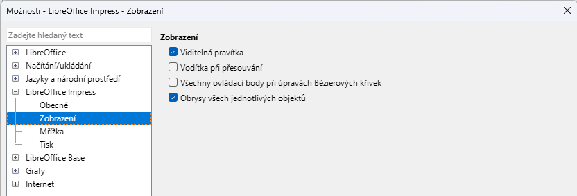 Dialogové okno Možnosti - LibreOffice Impress – stránka "Zobrazení“