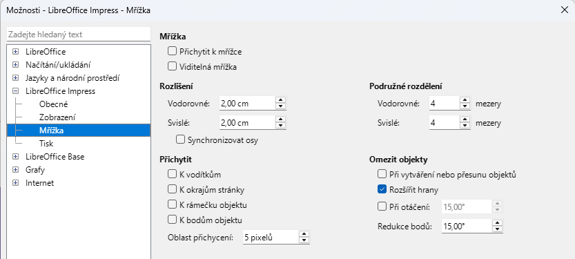 Dialogové okno Možnosti LibreOffice Impress – stránka Mřížka