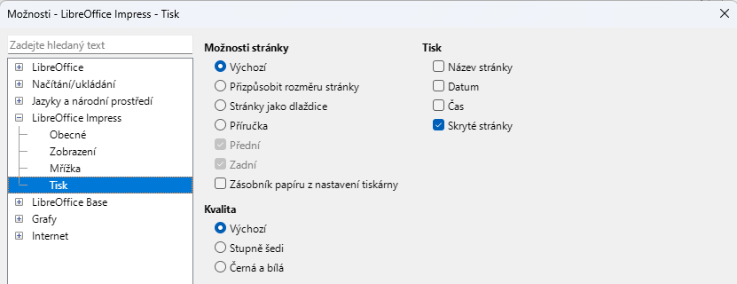 Dialogové okno Možnosti LibreOffice Impress – stránka Tisk
