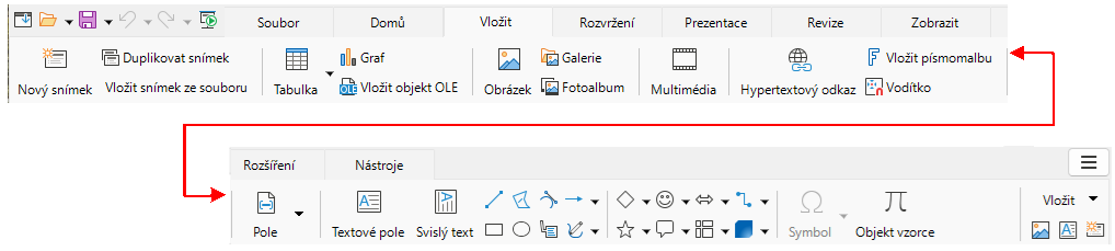 Uživatelské rozhraní s kartami – karta Vložit